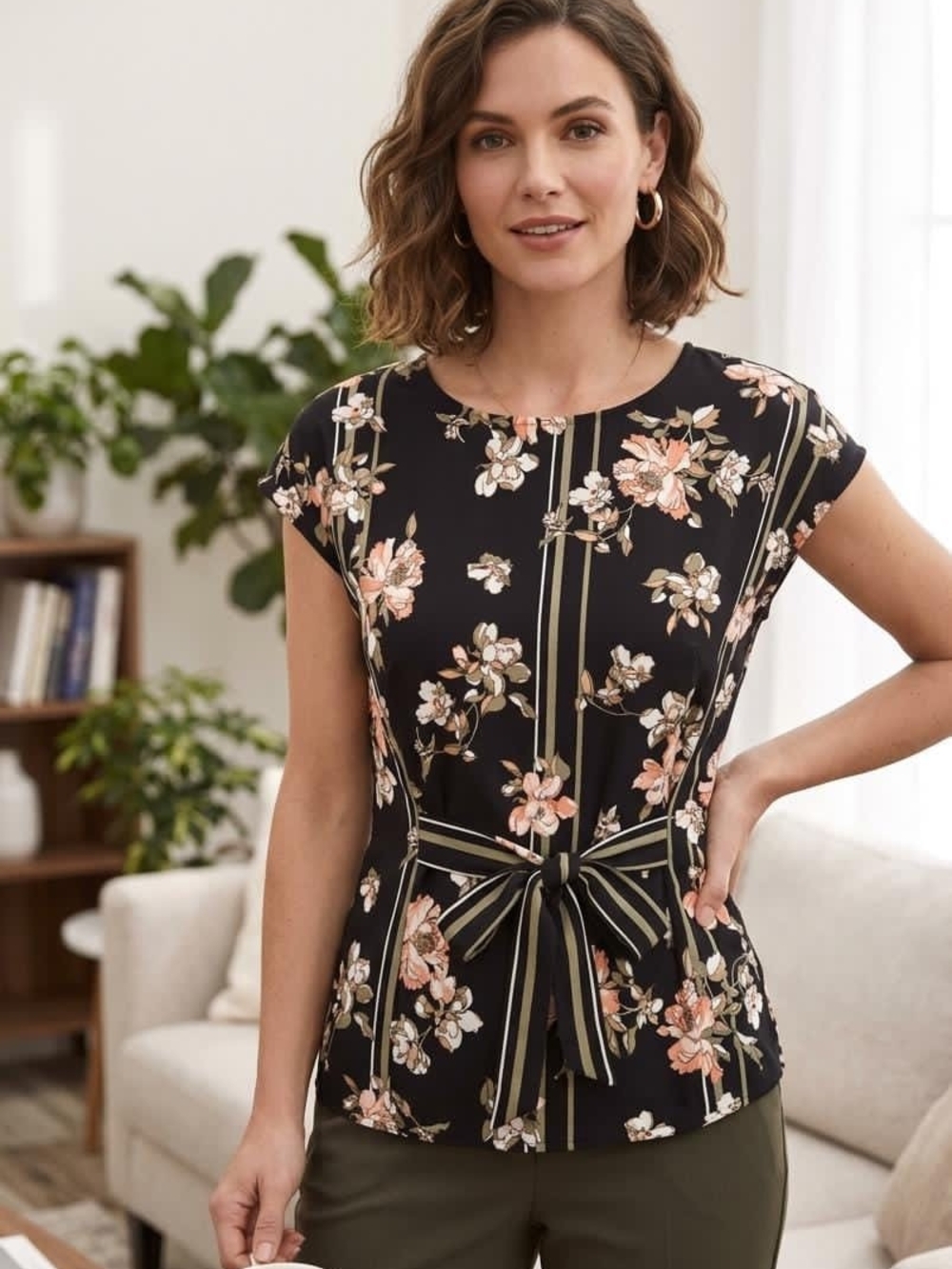 Apt. 9 Black Floral Stripe Tie-Waist Blouse • Size S